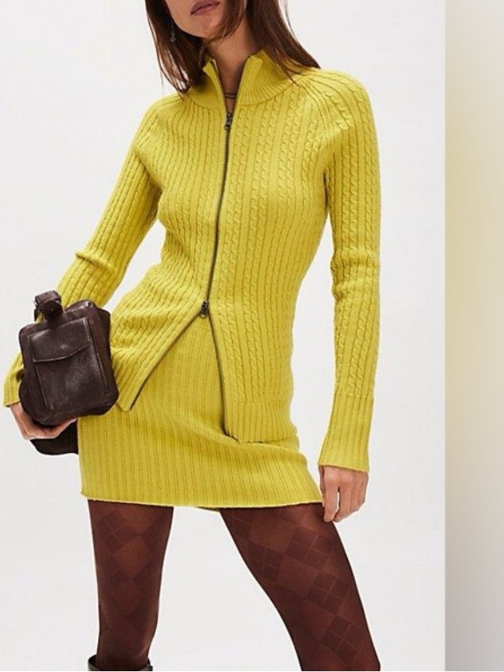 FREE PEOPLE ELIZA CABLE KNIT SWEATER SKIRT SET M L CHARTREUSE